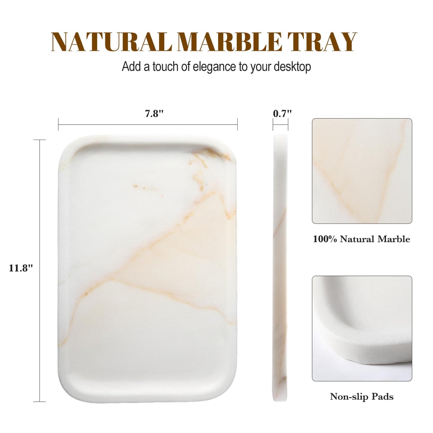 Koville Marble Tray, 12"x8" Natural Marble Vanity Tray for Countertop Bathroom Kitchen Dresser, Decorative Catchall Trays for Perfume Jewelry, Rectangular Stone Serving Tray(Golden Calacatta)