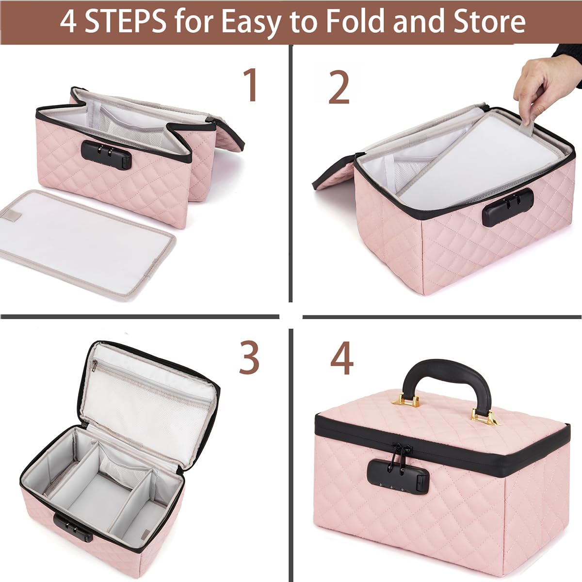 KaAutoler Portable makeup box with Lock, Large Capacity Travel Makeup Case Organizer, Makeup Bags for Girls Traveling With Handle and Divider Makeup Bag (Pink)