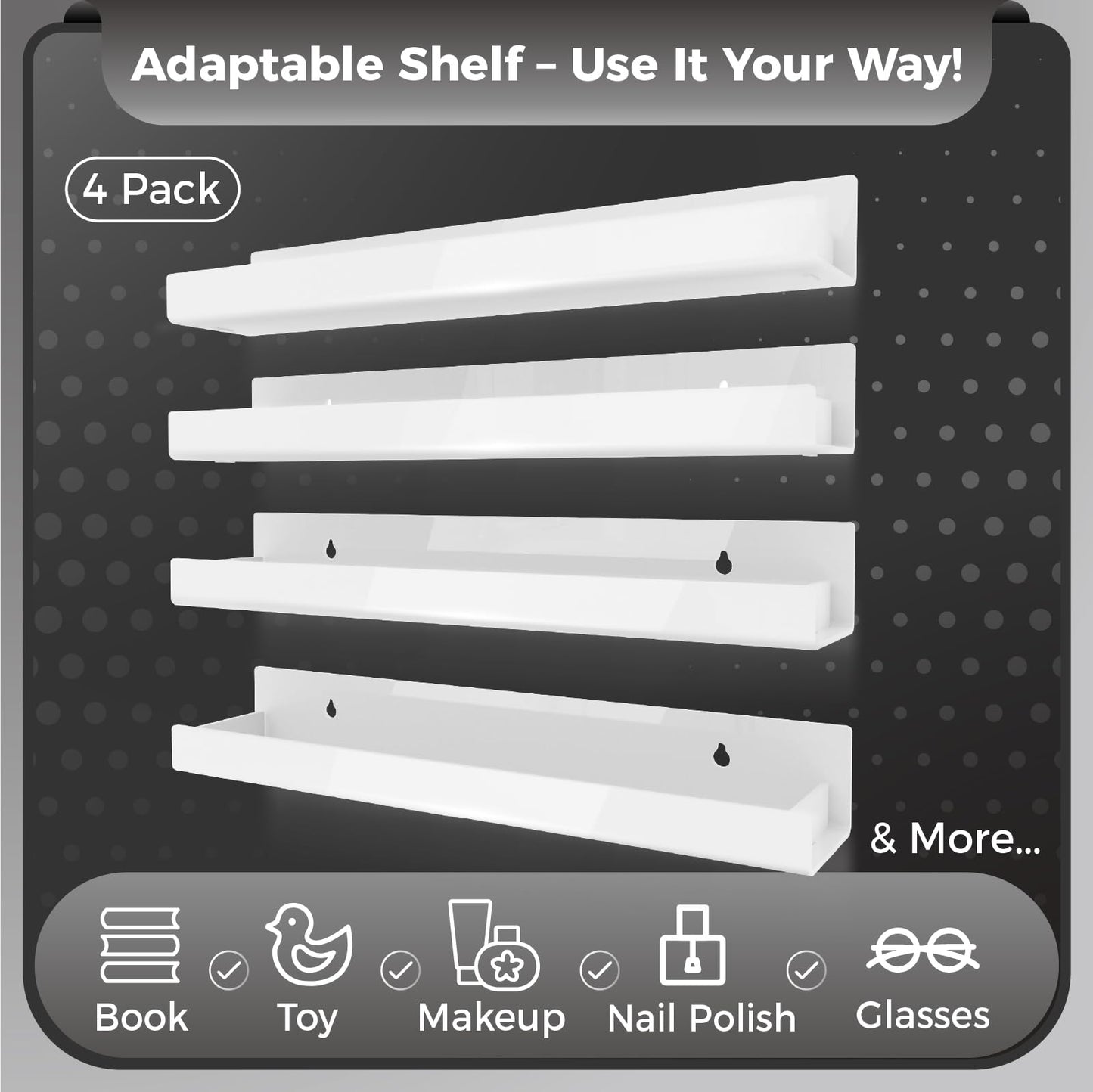 RORKIM 4 Pack 15 Inch Whtie Acrylic Shelves, Kids Floating Bookshelf for Kids Room, Modern Nail Polish Rack Sunglasses Essential Oil Picture Ledge Display Toy Storage Wall Shelf