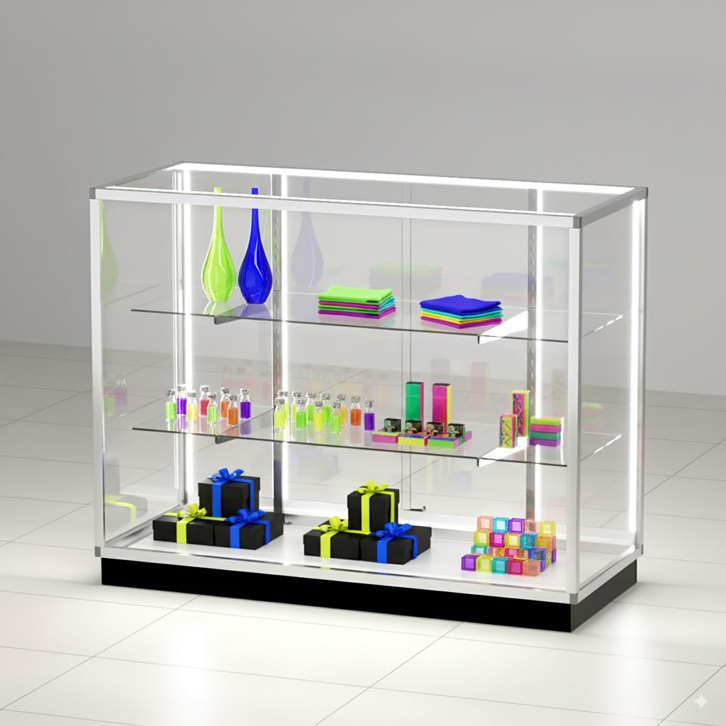 48" Glass Display Showcase Cabinet – Silver Aluminum Frame, Tempered Glass Shelves, Lockable Sliding Doors & LED Lighting – Extra Vision Retail Fixture for Stores, Exhibits & Collectibles