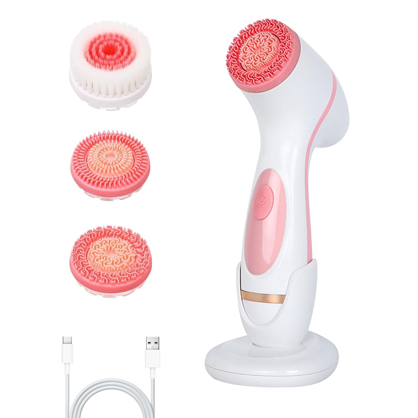 Facial Cleansing Brush, 3in1 Silicone Face Scrubber, Waterproof Facial Scrubber for Deep Cleansing, Rechargeable Face Exfoliation Brush with 2 Adjustable Speeds, Face Spin Brush for Women Men (Pink)