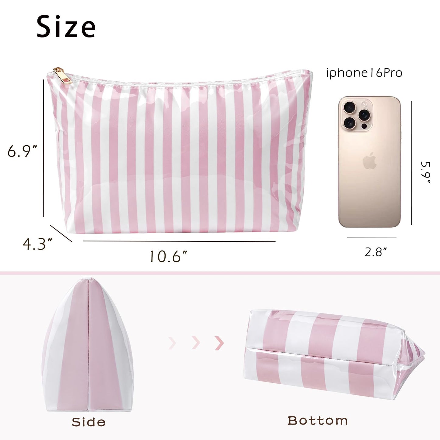 Lestikave Large PVC Waterproof Striped Makeup Bag,Clear Coated Cosmetic Bags,Easy to Clean,Travel Organizer Zipper Pouch Beach Vacation Essentials for Women Girls(04Pink Stripe)