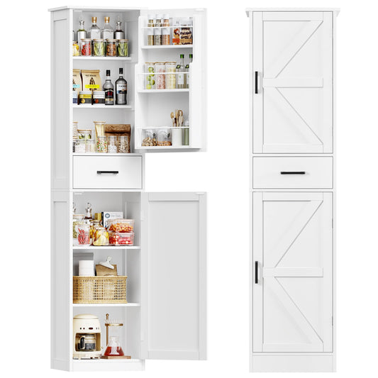 TEENFON Tall Storage Cabinet with 3 Door Shelves & 1 Drawer, Narrow Kitchen Pantry Cabinet for Living Room, Bathroom, Entryway, White