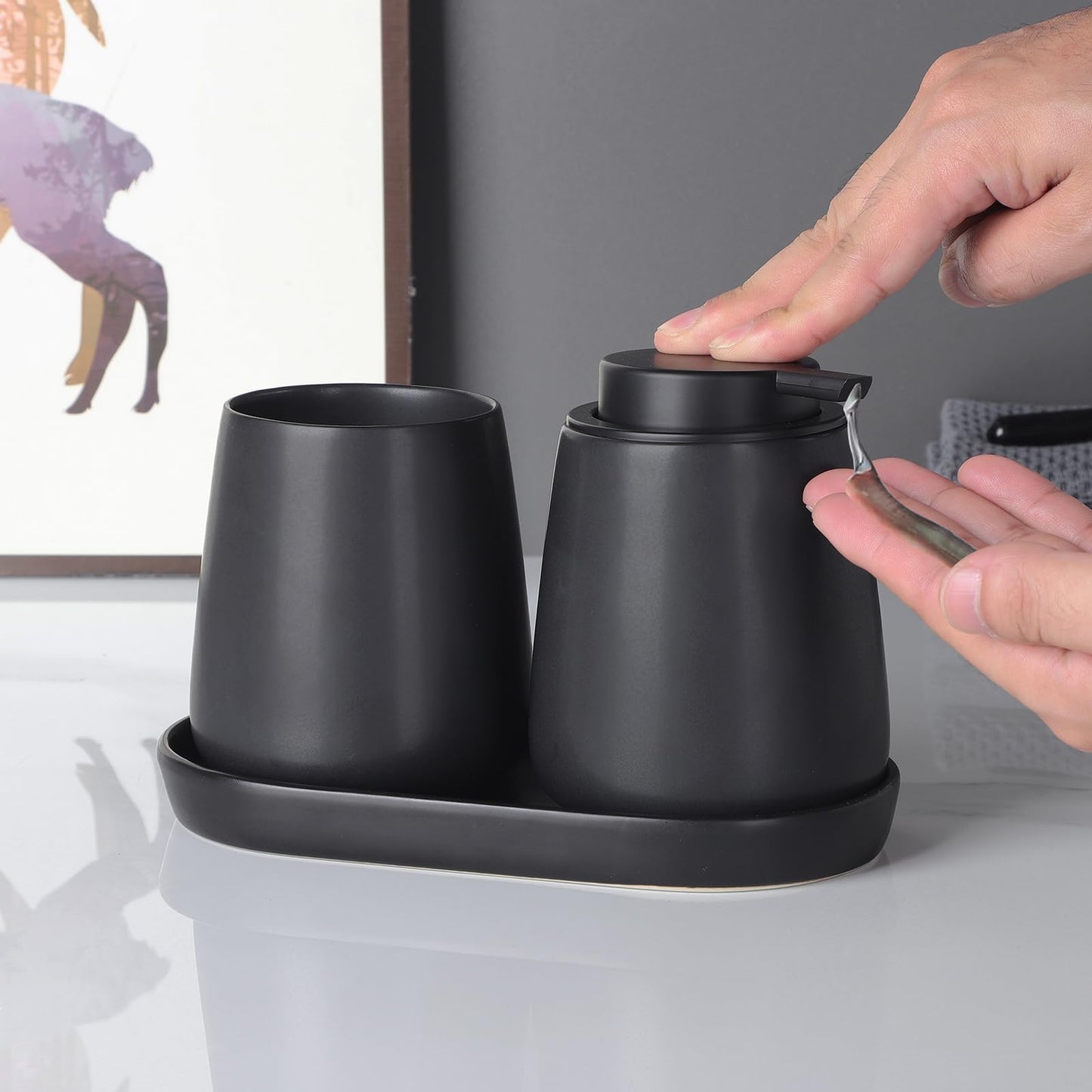 2 Pack Matte Black Round Soap Dispenser Tray - 8'' Ceramic Vanity Tray & Organizer Plate Set, Bathroom & Kitchen Countertop Decor for Soap Dispenser, Jewelry, Cosmetics, Sink