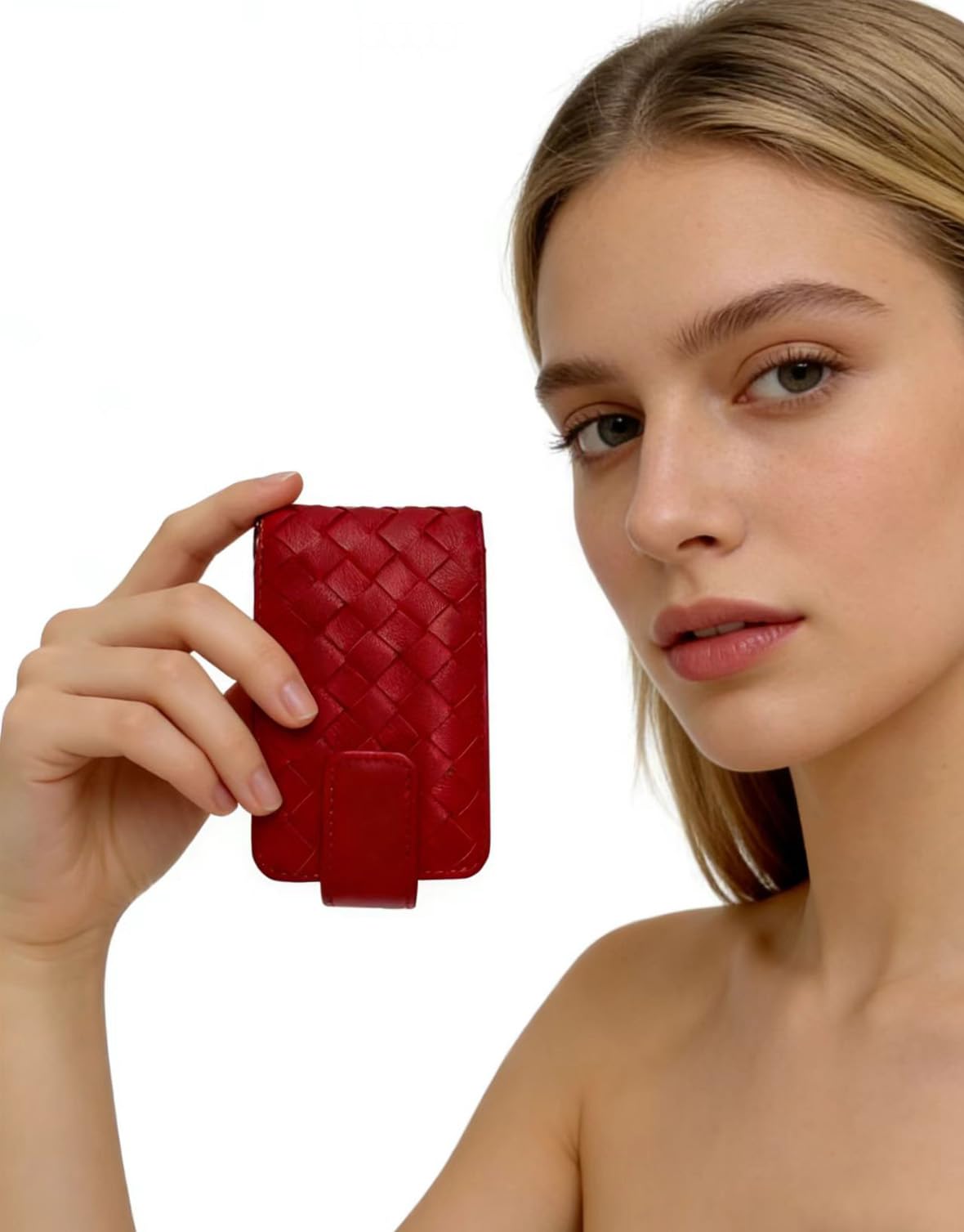 AgentMoon Luxury Handheld Lipstick Pouch with Mirror,Genuine Leather Lip Balm Case with Clamshell Magnetic Hidden Clasp and Hook for Chain.Portable Travel Cosmetic Case for Women Gift. (Red Woven)
