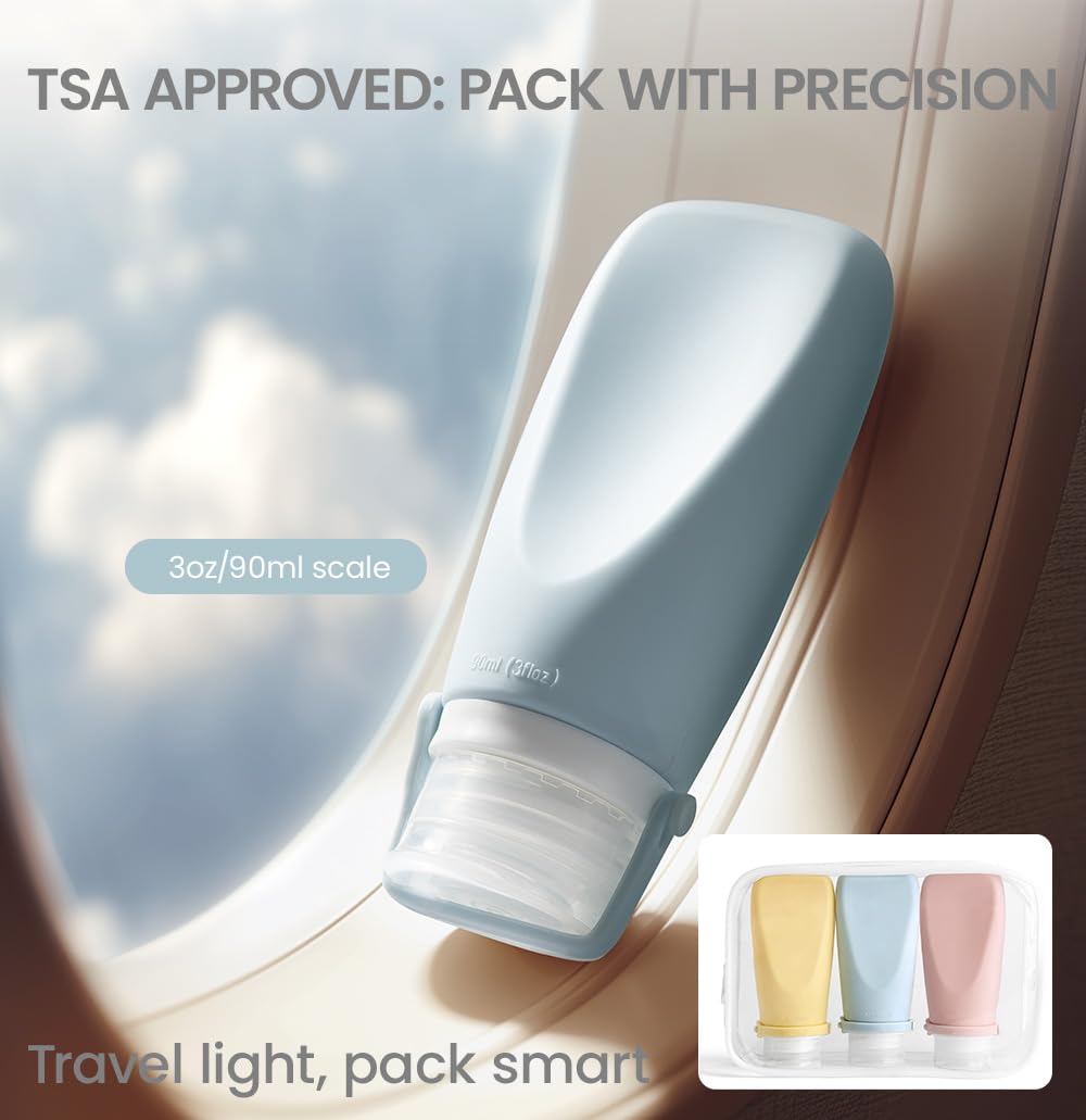 Travel Bottles for Toiletries, TSA Approved 3oz Container, High-Effeiciency Leak-Proof Ultrasonic Technology, Silicone Refillable Squeezable Travel Accessories for Shampoo Conditioner Lotion (3 Pcs)