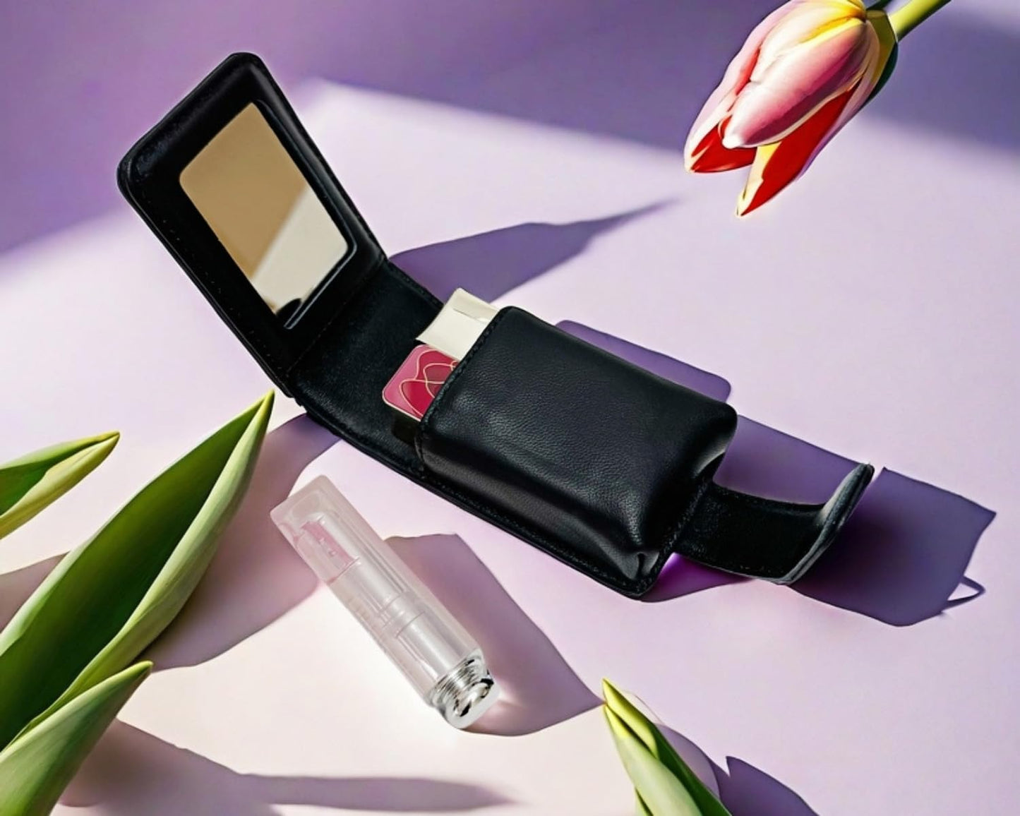 AgentMoon Handheld Lipstick Pouch with Mirror,Genuine Leather Lip Balm Case with Clamshell Magnetic Hidden Clasp.Portable Travel Cosmetic Case for Women Gift. 4.1x2.3x1.8 inches (Black)