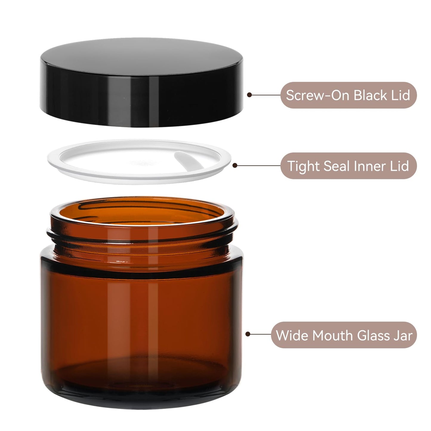 Qeirudu 2 Oz Small Glass Jars with Lids, 12 Pack Airtight Amber Cosmetic Jars with Inner Liners Round Empty Travel Sample Containers for Lotions, Creams, Candles, Body Butters