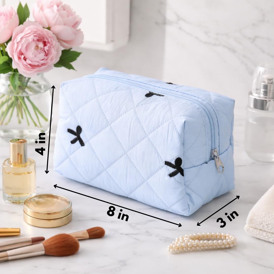LUCKAYA 6 Pc Bulk Quilted Makeup Bag Set with Trendy Bow design for Women & Girls, Travel Cosmetic Bags, Bridesmaid Gift Set, Party Favor Makeup Pouches, Trendy Makeup Organizer for Toiletries (Blue)