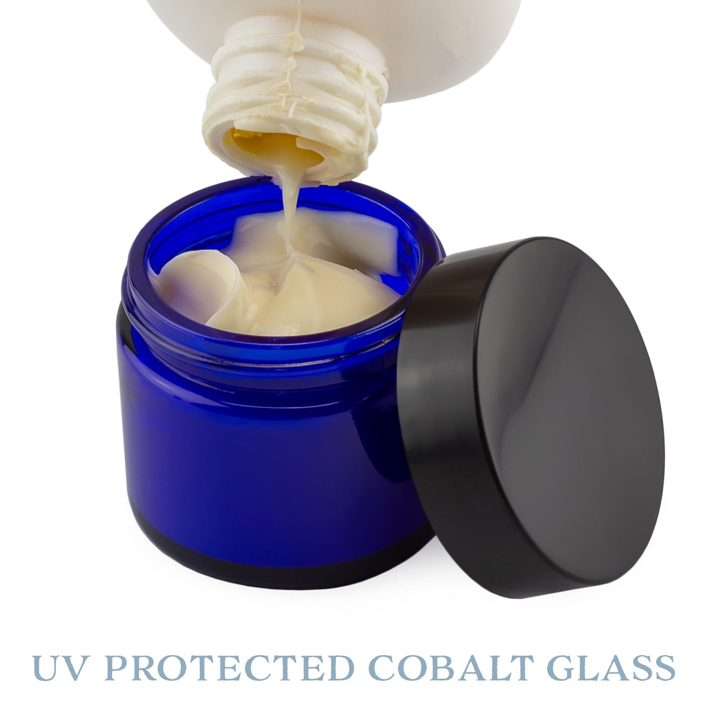 Cornucopia Brands 2oz Cobalt Blue Glass Cosmetic Jars (Pack of 12) Straight Sided Jars w/Black Plastic Lined Lids for Balms, Cosmetics, Creams & More