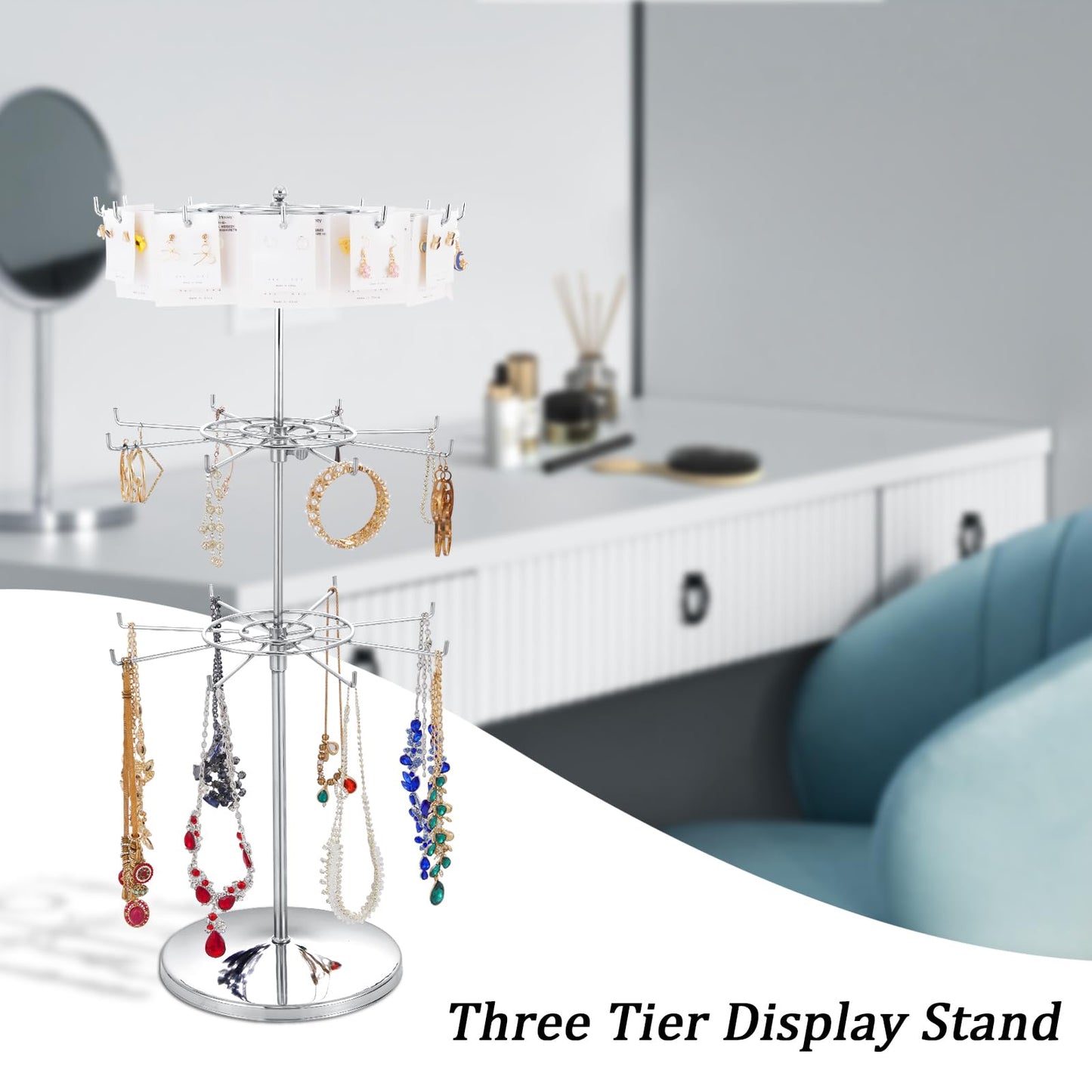 Polmart Heavy Duty Dual Heights (Stand & Tiers) Adjustable Countertop Spinner Display Stand (Silver, 3-Tier)