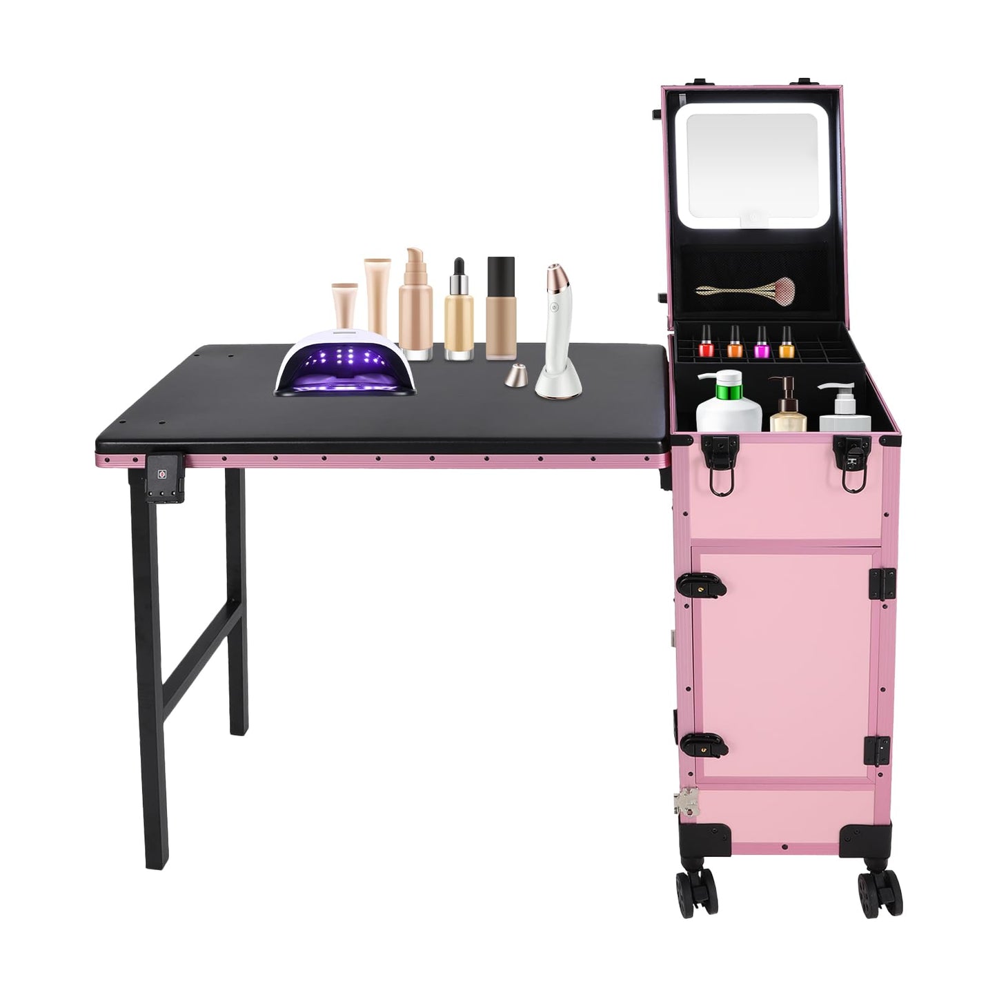 Cbhfmljd Rolling Makeup Case with 3 Drawers, Portable Manicure Table Lockable Makeup Train Case Portable Nail Table with Storage with LED Light & Key for Hair Barbers/Stylists, Makeup Enthusiasts