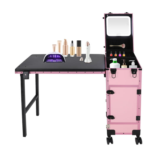Cbhfmljd Rolling Makeup Case with 3 Drawers, Portable Manicure Table Lockable Makeup Train Case Portable Nail Table with Storage with LED Light & Key for Hair Barbers/Stylists, Makeup Enthusiasts