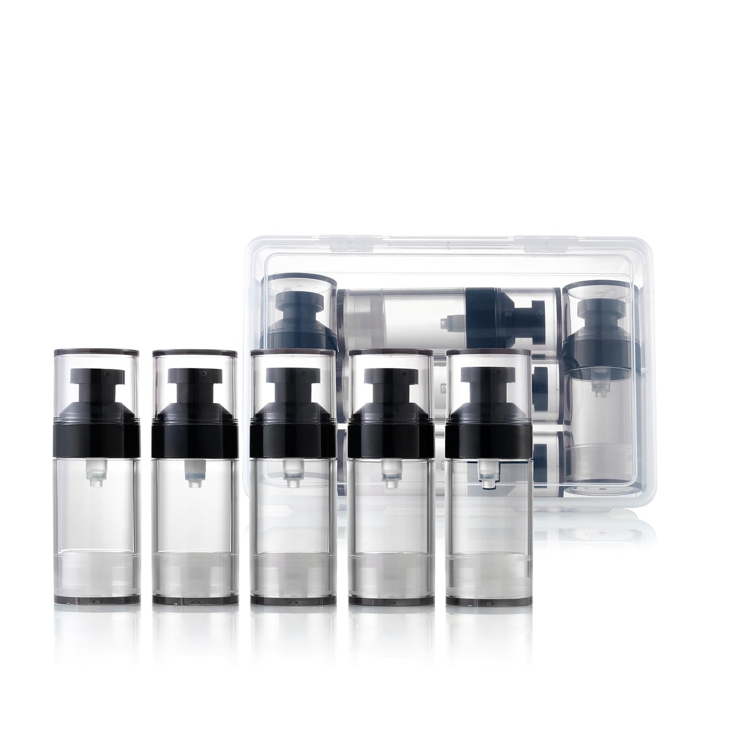 XQNCBY 5 Pack 1oz / 30ml Airless Pump Bottles for Travel: Wide Caliber Vacuum Lotion Dispenser with Clear Organizer Case, Leakproof Refillable Cosmetic Containers for Skincare, Serum, Foundation