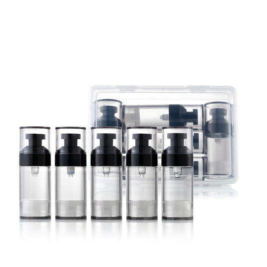 XQNCBY 5 Pack 1oz / 30ml Airless Pump Bottles for Travel: Wide Caliber Vacuum Lotion Dispenser with Clear Organizer Case, Leakproof Refillable Cosmetic Containers for Skincare, Serum, Foundation