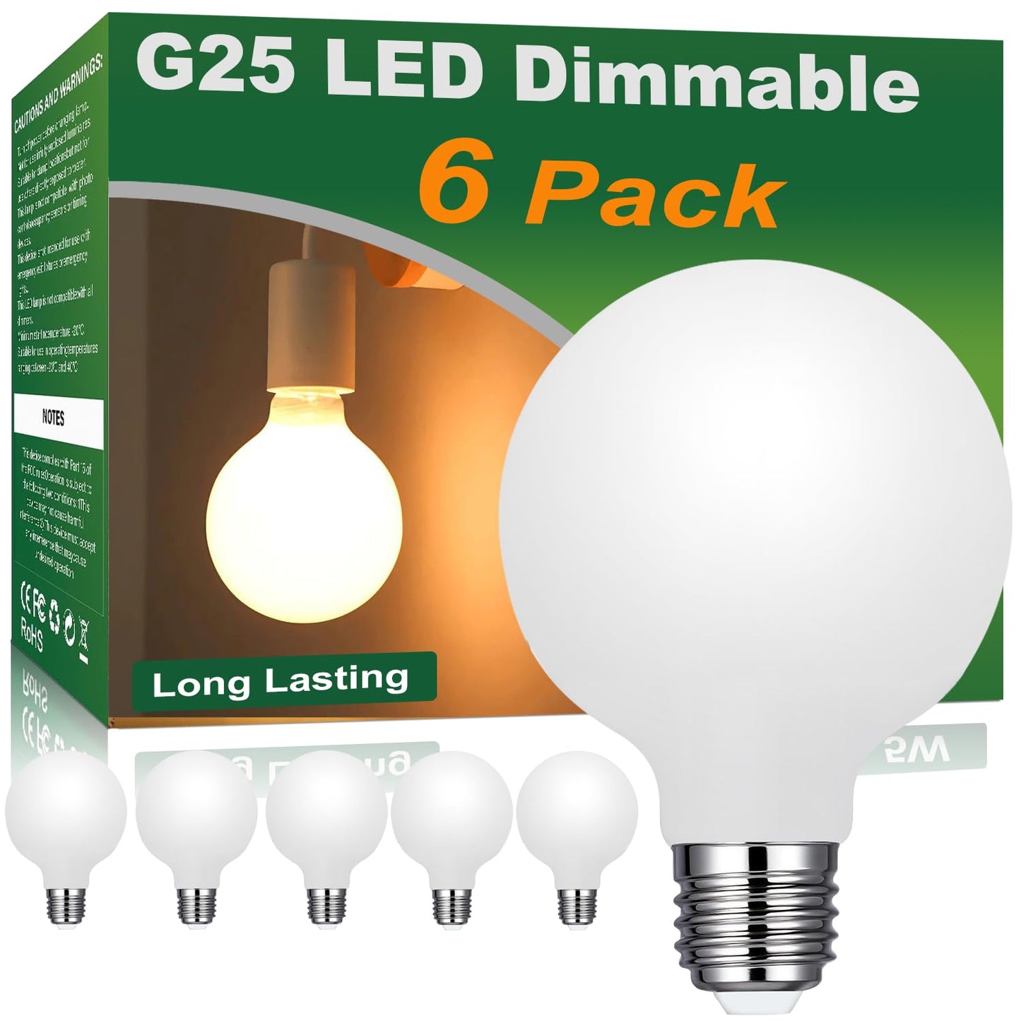 Vinaco Glass LED G25 Globe Light Bulbs 60W Equivalent, G25 Dimmable 2700K Warm White Round Frosted Vanity Light Bulb for Bathroom Mirror and Chandelier, 6 Pack Milky Frosted G 25 E26 Bulb with 450LM