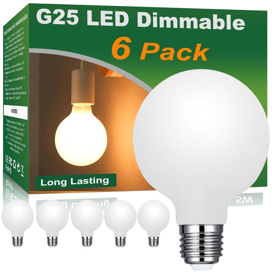 Vinaco Glass LED G25 Globe Light Bulbs 60W Equivalent, G25 Dimmable 2700K Warm White Round Frosted Vanity Light Bulb for Bathroom Mirror and Chandelier, 6 Pack Milky Frosted G 25 E26 Bulb with 450LM