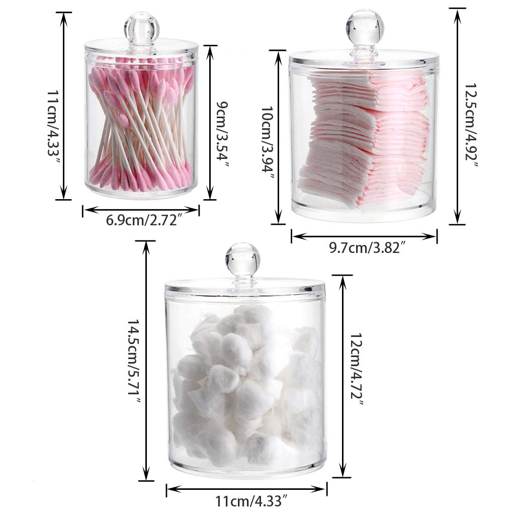 Hipiwe Set of 3 Cotton Ball and Swab Organizer With Lid - Apothecary Acrylic Jar Makeup Organizer, Q-Tips Holder, Bathroom Vanity Storage Canister for Rounds and Pads