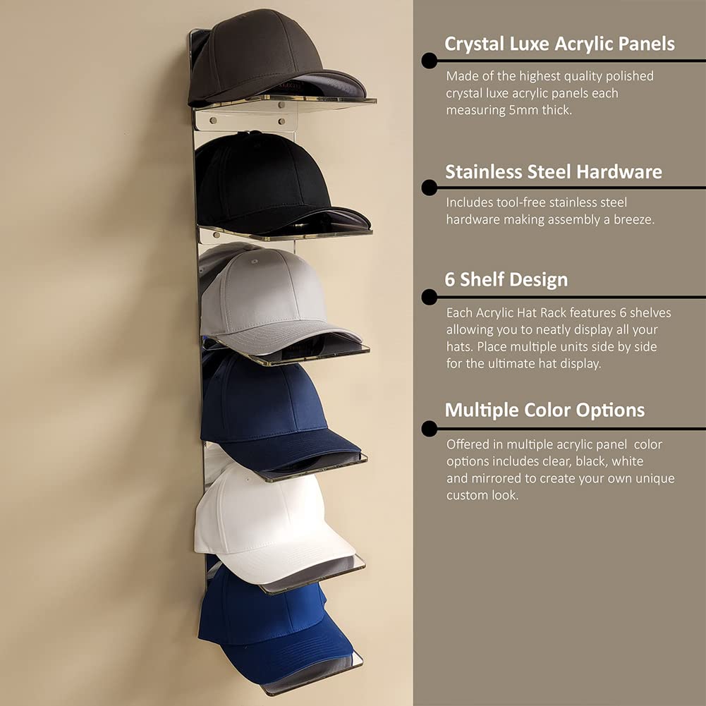 OnDisplay Luxe Acrylic Hat Rack Display - Wall Mounted Baseball Cap Organizer - Multi Shelf Wall Display for Hats (Mirror)