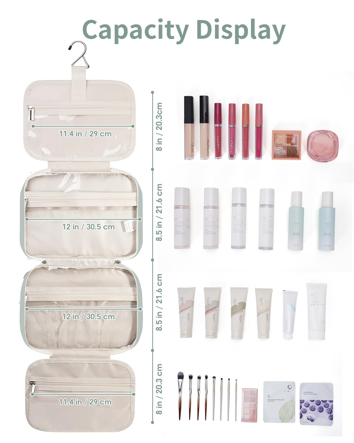 Narwey Travel Toiletry Bag for Women Large Hanging Makeup Bag Organizer Toiletries Bag for Full Size Essentials Accessories Cosmetics (Mint Green (Large))
