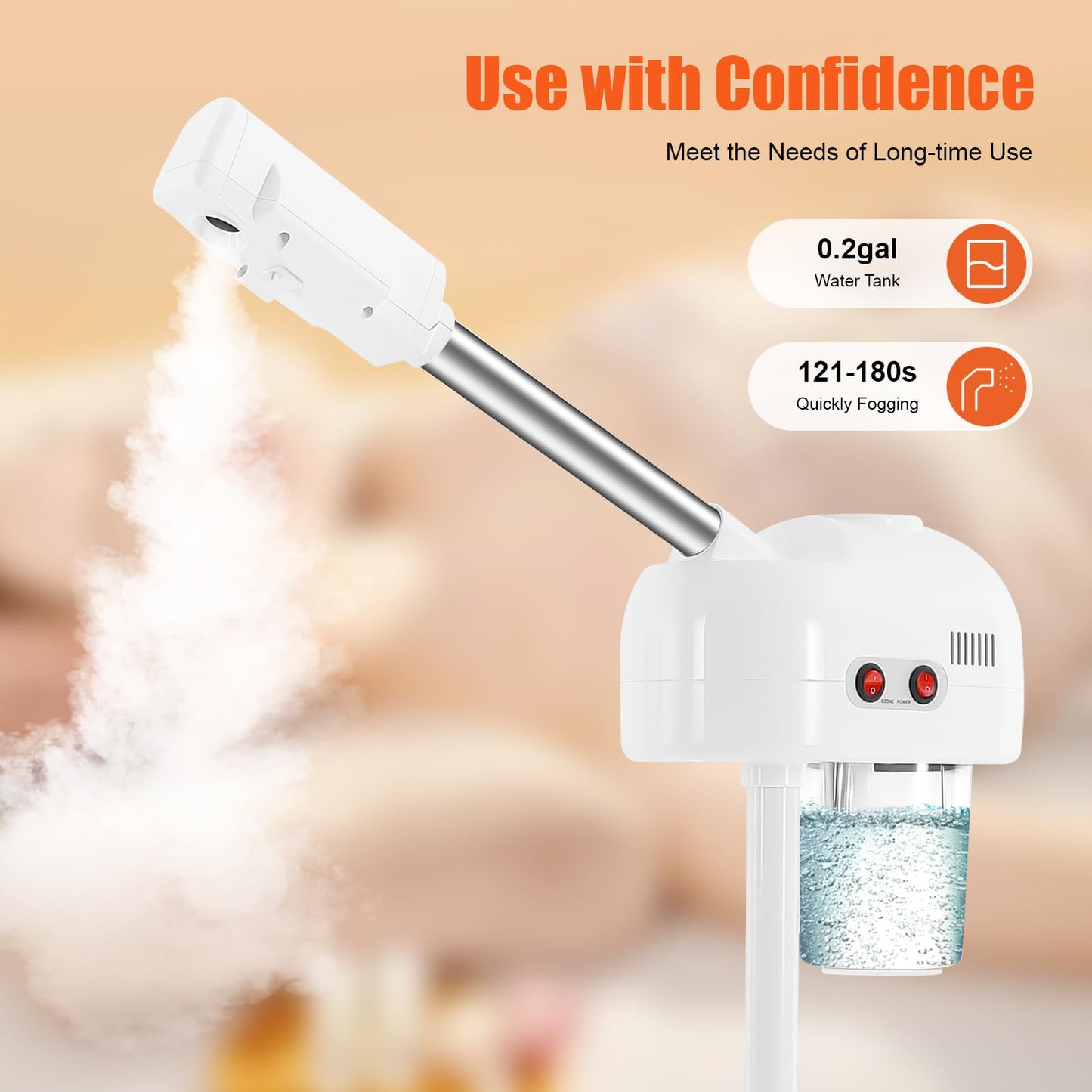 Professional Ozone Facial Steamer on Wheels, Adjustable Height, 360° Rotatable Nozzle, for Home and Salon