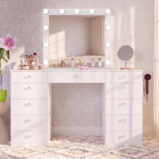 Boahaus Zoey Vanity Desk with Framed Bulb Mirror – 11 Drawer Makeup Station with Glass Top & Jewelry Divider