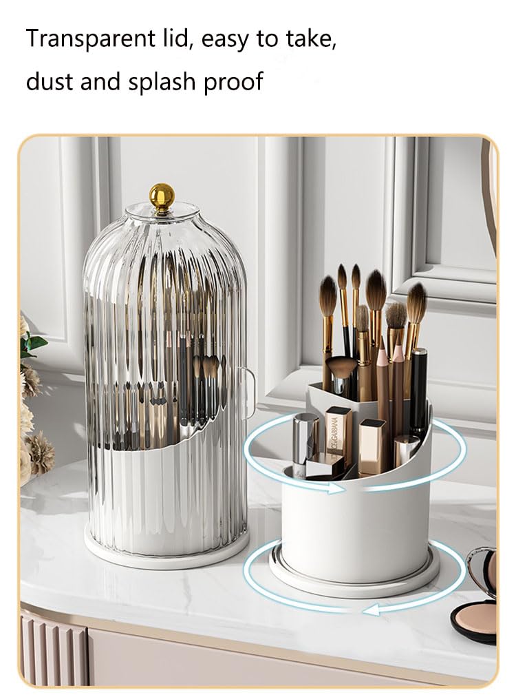 Skatx 360°Rotating Makeup Brushes holder with Lid，Make Up Organizers and Storage for Vanity Countertop or Bedroom Dresser（Transparent white）