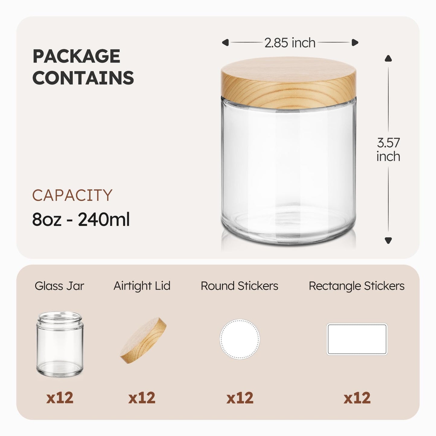 8 oz Glass Jars with Lids, 12 Pack Small Glass Jars with Plastic Woodgrain Lids, Lotion Container Empty Cosmetic Travel Containers for Sample, Cream, Lotion, Honey, Powder