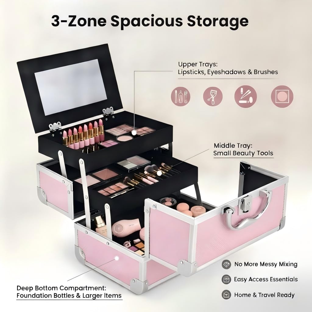 Makeup Train Case with Mirror: 2-Tier Cantilever Lockable Cosmetic Organizer, Hard Shell Aluminum Frame, Large Capacity for Brushes & Foundation, Portable Travel Gift for Beauty Lovers