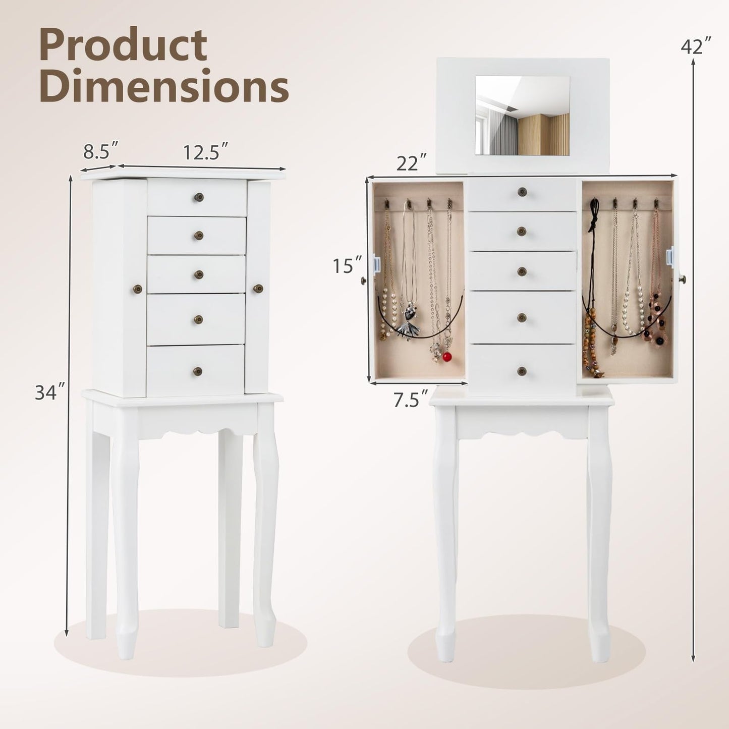 Giantex Standing Jewelry Armoire Cabinet with 4 Drawers, Flip Top Mirror, Top Storage Compartments, 2 Side Doors with 8 Necklace Hooks, Freestanding Jewelry Organizer Box Chest (White)