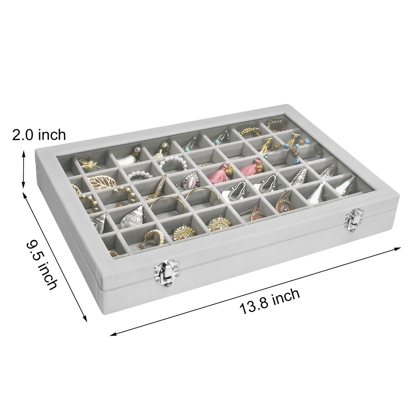 Siveit Velvet Jewelry Tray 48 Grid Jewelry Display Tray Organizer Box with Transparent Lid Rings Earrings Necklaces Pendants Display Box Suitable for Women and Girls (Grey)