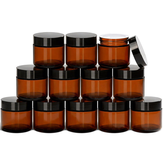 Qeirudu 2 Oz Small Glass Jars with Lids, 12 Pack Airtight Amber Cosmetic Jars with Inner Liners Round Empty Travel Sample Containers for Lotions, Creams, Candles, Body Butters
