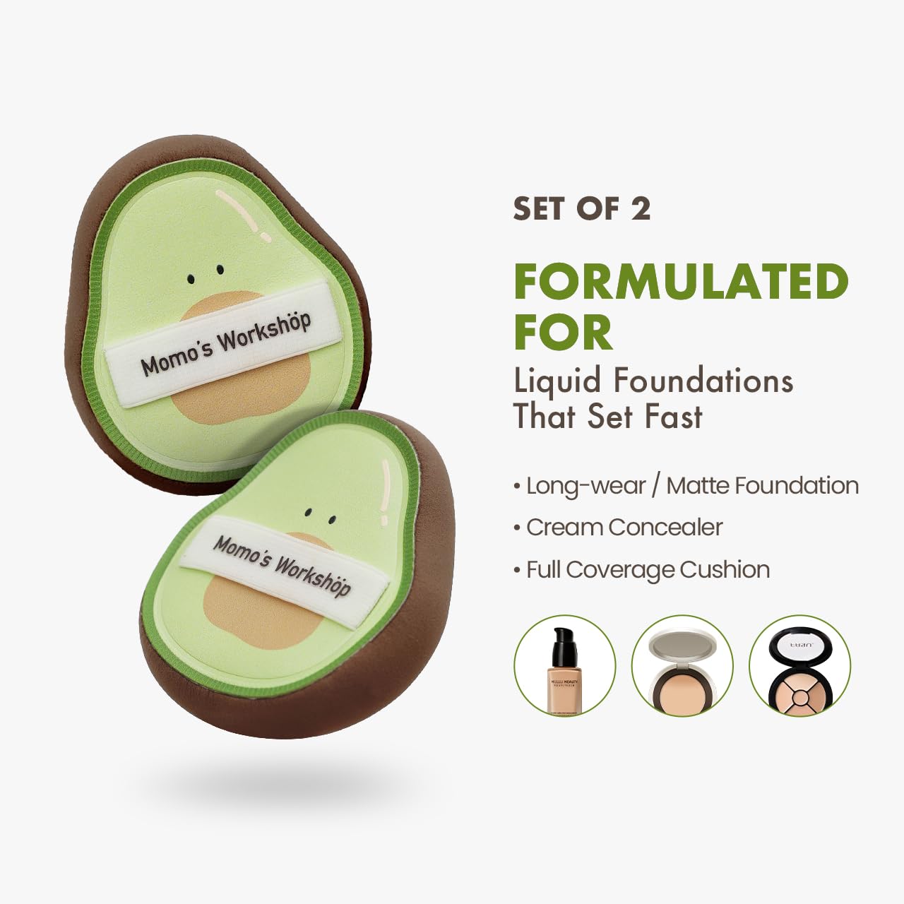 Momo's Workshop Avocado-shaped Makeup Sponge 2Pcs Hydrophilic PU Sponge Dry/Wet for Foundation
