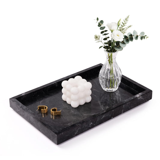 Homaura Marble Bathroom Tray for Countertop & Home Decor, Natural Decorative Marble Tray for Jewelry & Perfume Organizer, Luxury Stone Vanity Trays for Dresser, Kitchen Counter, 12" x 8", Gray Black