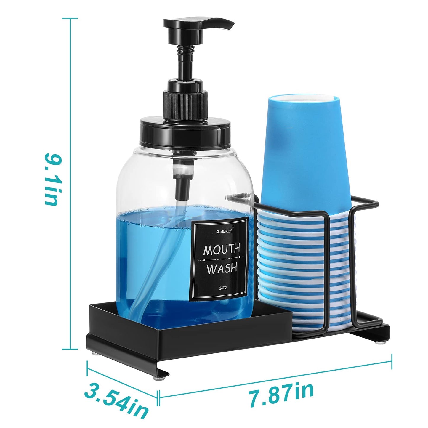 Summark Mouthwash Dispenser for Bathroom,Mouth Wash Pump Bottle with Stainless Steel Cup Holder,24 OZ Refillable Clear Mouthwash Container,BPA Free,Black