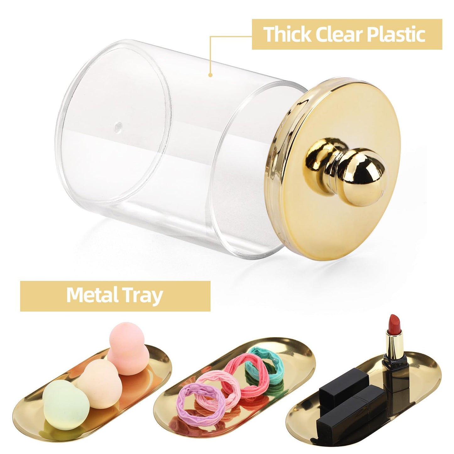 Tbestmax 3 Pack Qtips Holder with Gold Tray, 10oz Cotton Swab Ball Holder for Bathroom Essentials Accessories Decor Clear Plastic Canister Apothecary Jars
