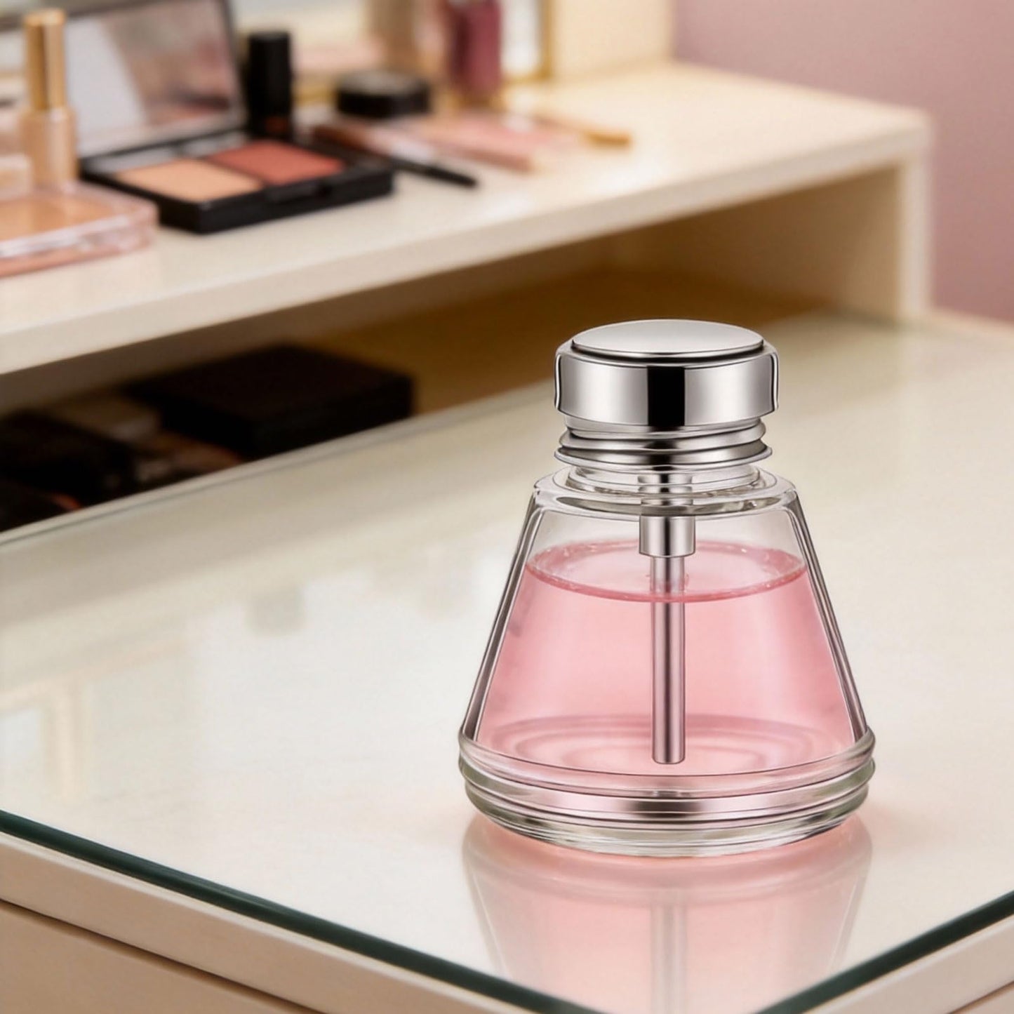 2 Pcs 6 Oz/ 180 ml Clear Pump Dispenser Bottle with Metal Flip Cover Glass Nail Polish Remover Push Down Dispenser Bottle Refillable Push Down Pump Dispenser Press Container for Makeup Remover