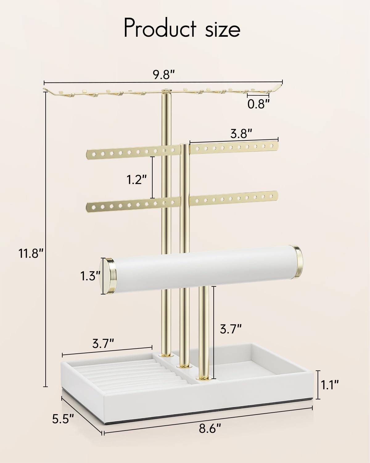 VLANDO 3 Tier Jewelry Stand Organizer with Tary, Leather Jewelry Holder Display for Women, Gold Jewlery Holder Display for Necklace, Earring, Bracelet, Rings - White