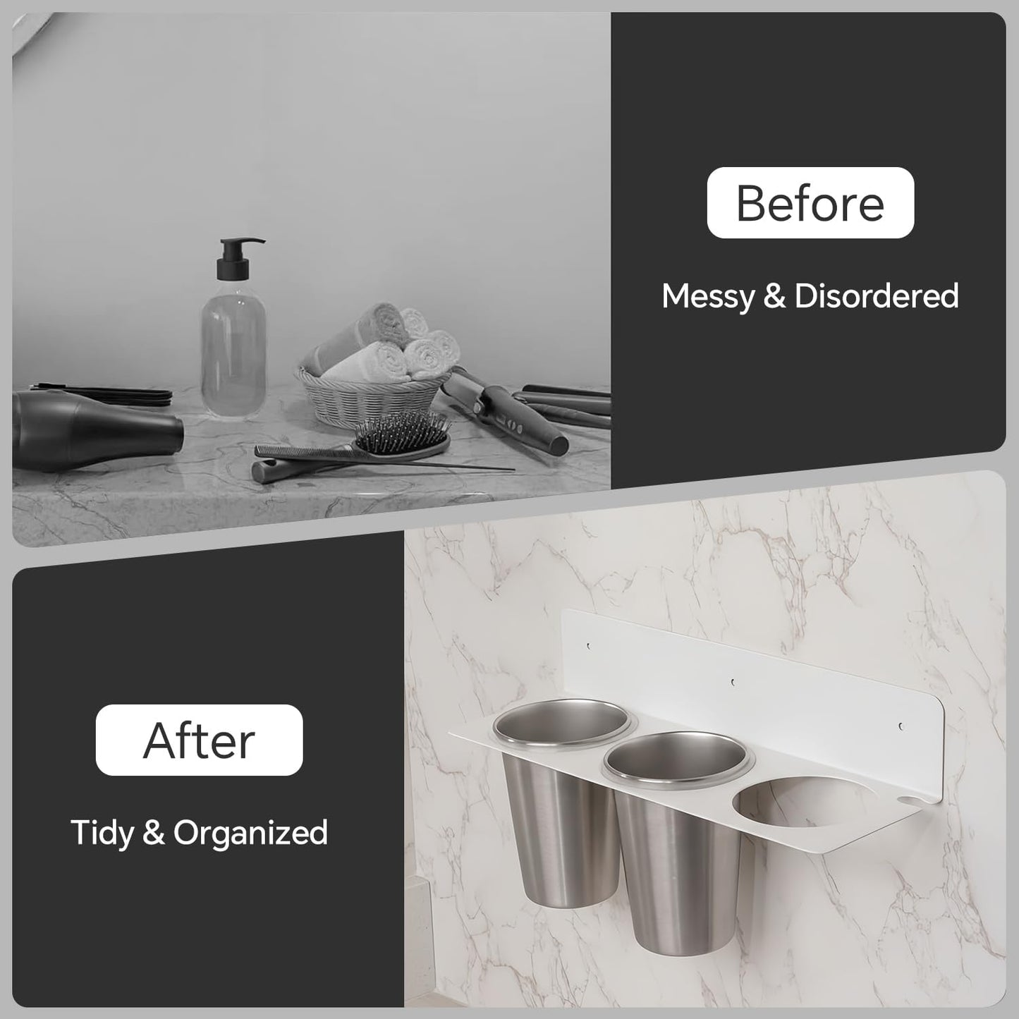 Hair Tool Organizer Wall Mount, Stainless Steel Hair Tool Holder with 2 Heat-Resistant Cups, Curling Iron Holder for Vanity, Hot Tools Organizer with PVC Ring,Hair Dryer Holder for Bathroom, BANJEKT
