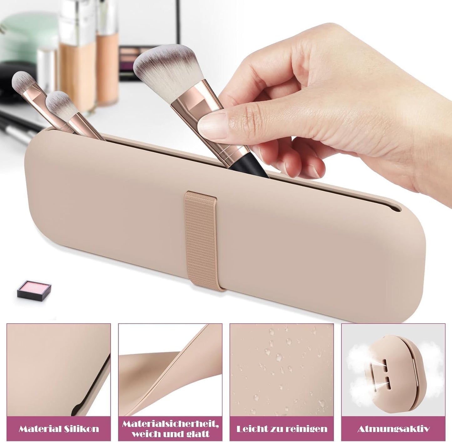 BSJIASHIWEI 2-in-1 Silicone Makeup Brush Holder Travel Case with Beauty Blender Pouch, Nylon Strap Closure, Odorless Waterproof Makeup Brush Organizer for Travel, Fits 12 Full-Size Brushes (Khaki)
