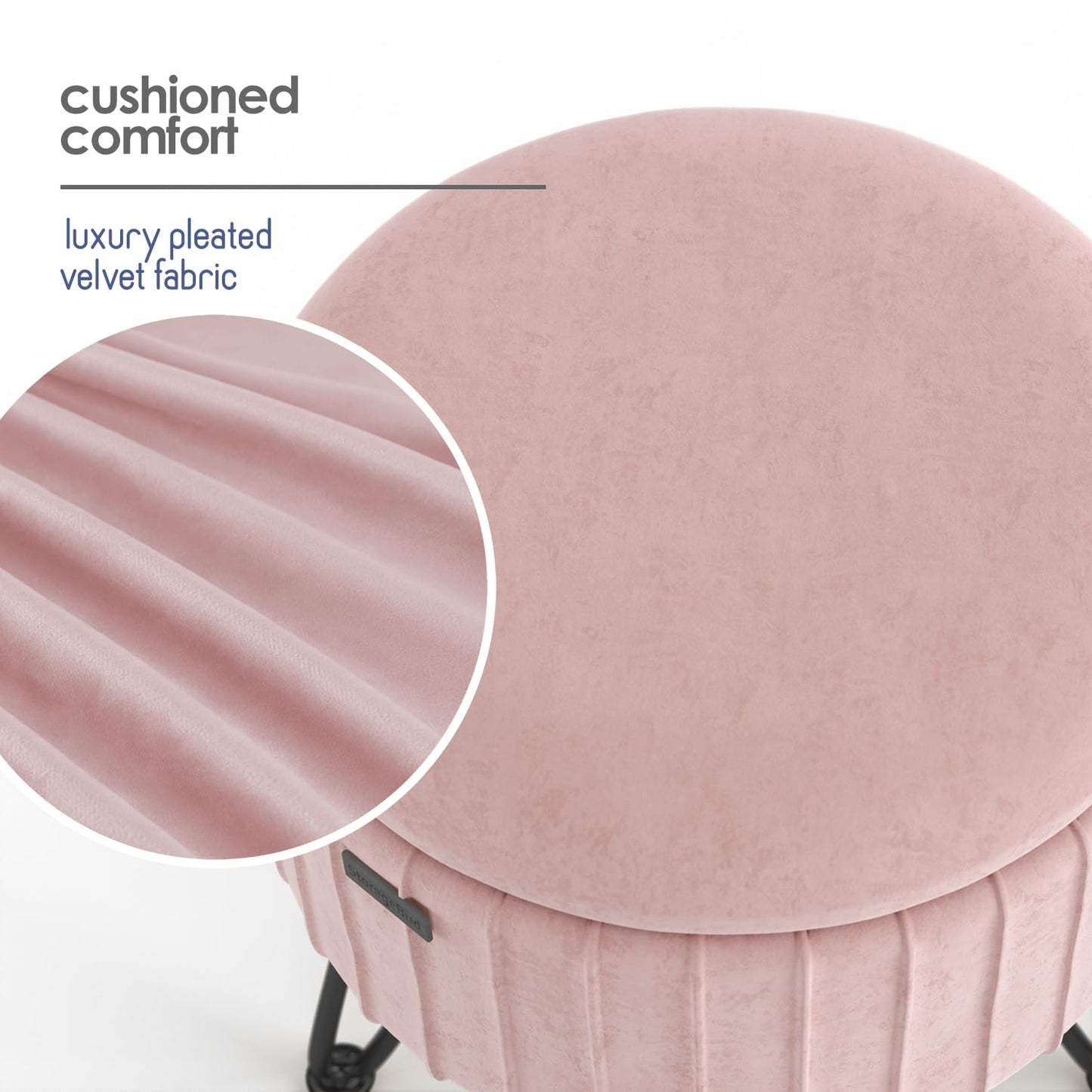 STORAGEBUD Round Ottoman with Storage, Pleated Velvet Storage Ottoman, Foot Stool Ottomans, Makeup Vanity Stool, Small Ottomans Foot Rest, Modern Vanity Stools for Living Room and Bedroom, Pink