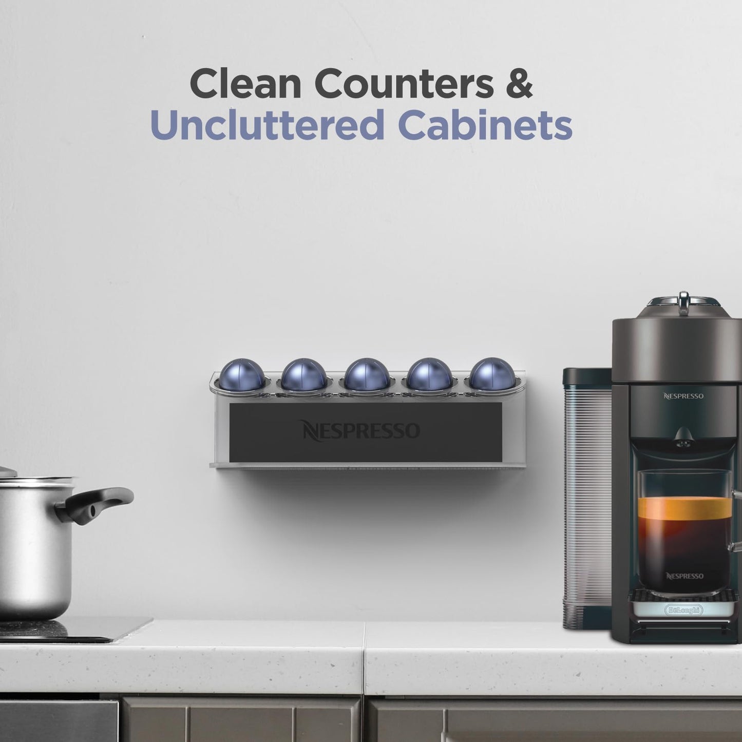 GALVANOX Wall Mounted Organizer for Nespresso Vertuo Pods, Easy-access Acrylic Holder for Original Vertuoline Box and 5 Coffee Pods (5 pods + 1 box)