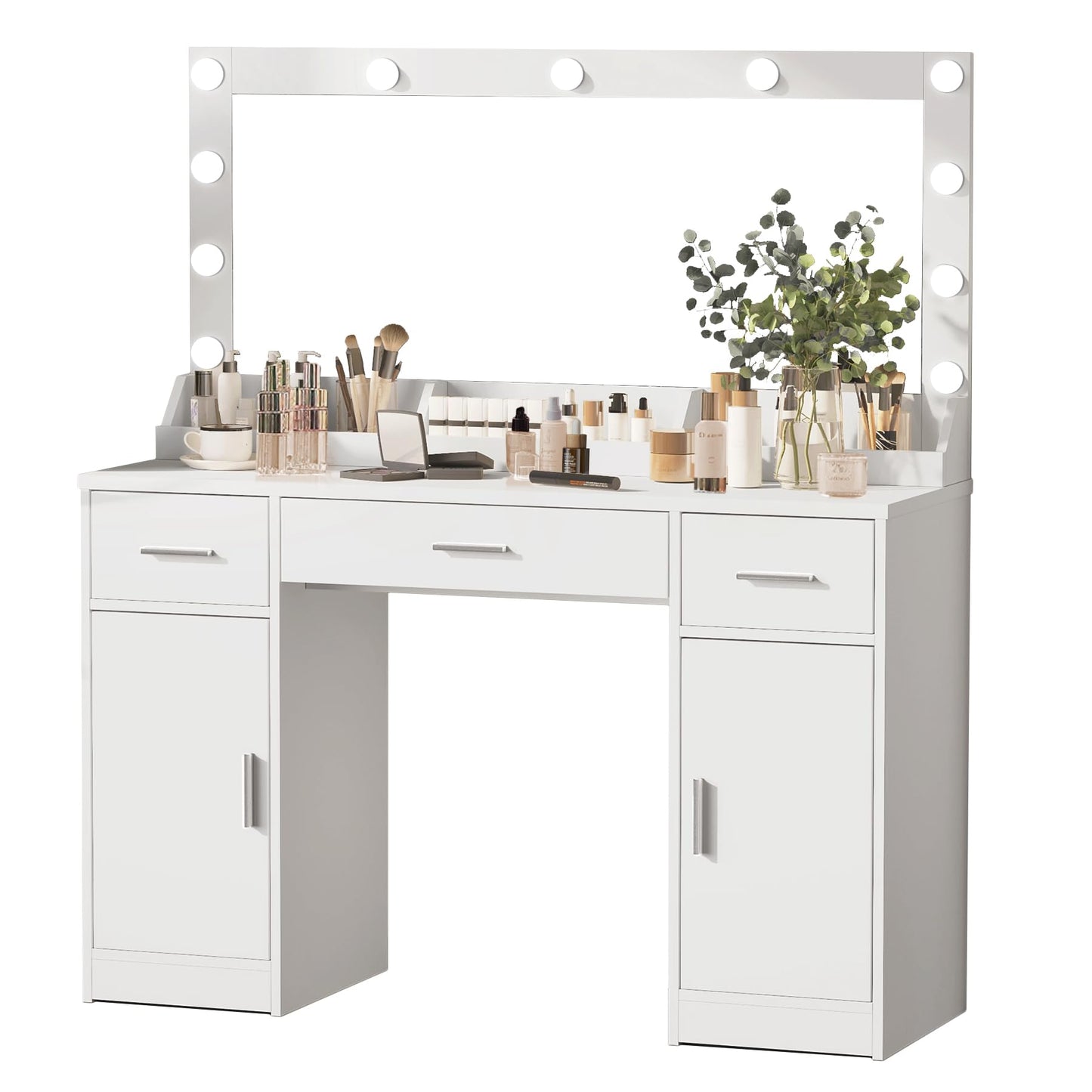 MIRROTOWEL 47.5” Vanity Desk with Large Mirror, 3 Colour Lighting Modes, Adjustable Brightness, Dresser with 3 Drawers & 2 Vertical Cabinets, Makeup Vanity Table for Women Girls