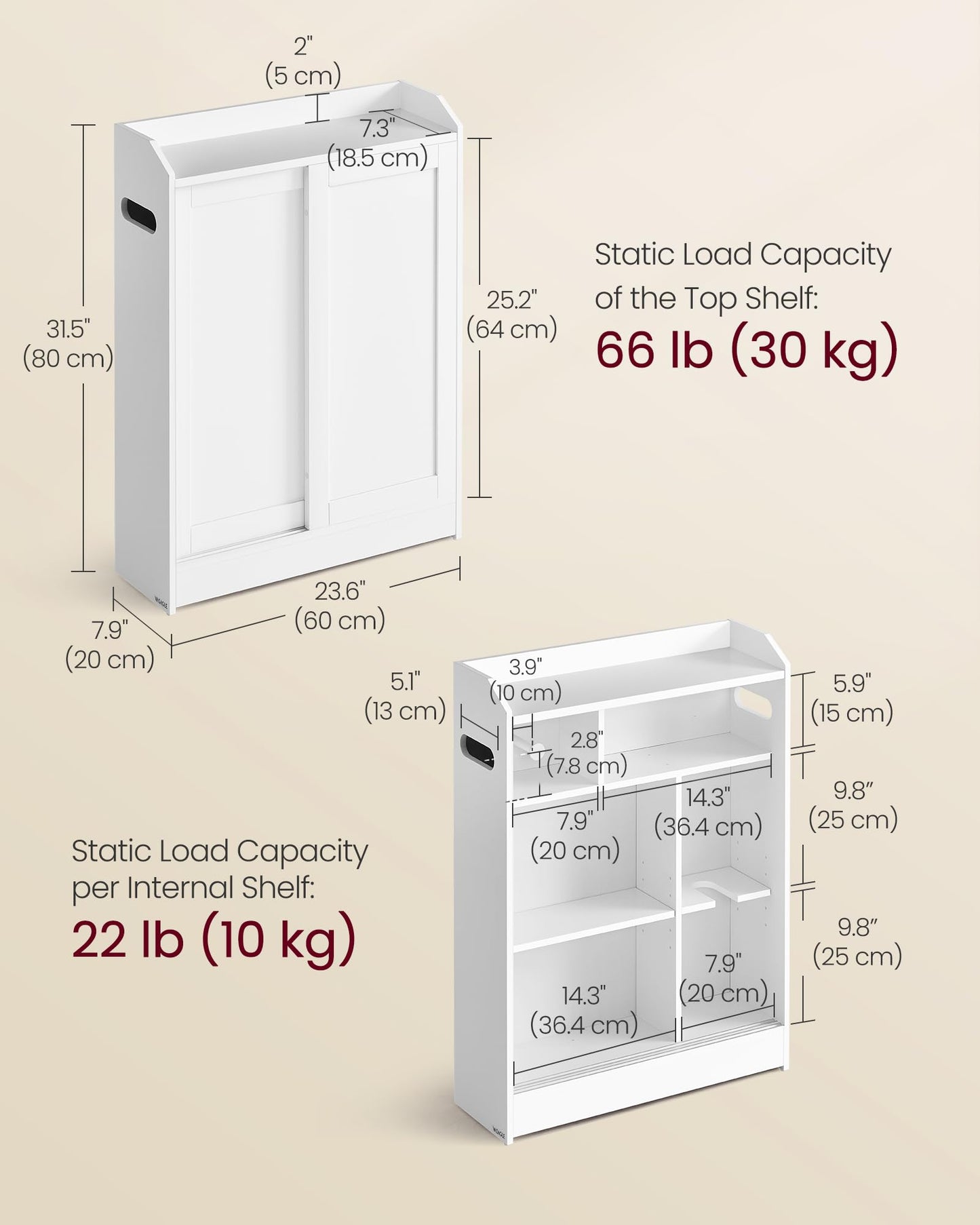 VASAGLE Narrow Storage Cabinet, Slim Floor Cabinet with Sliding Doors, Toilet Paper Holder and Brush Compartment, for Bathroom and Living Room, 7.9 x 23.6 x 31.5 Inches, Cloud White UBBC752W01