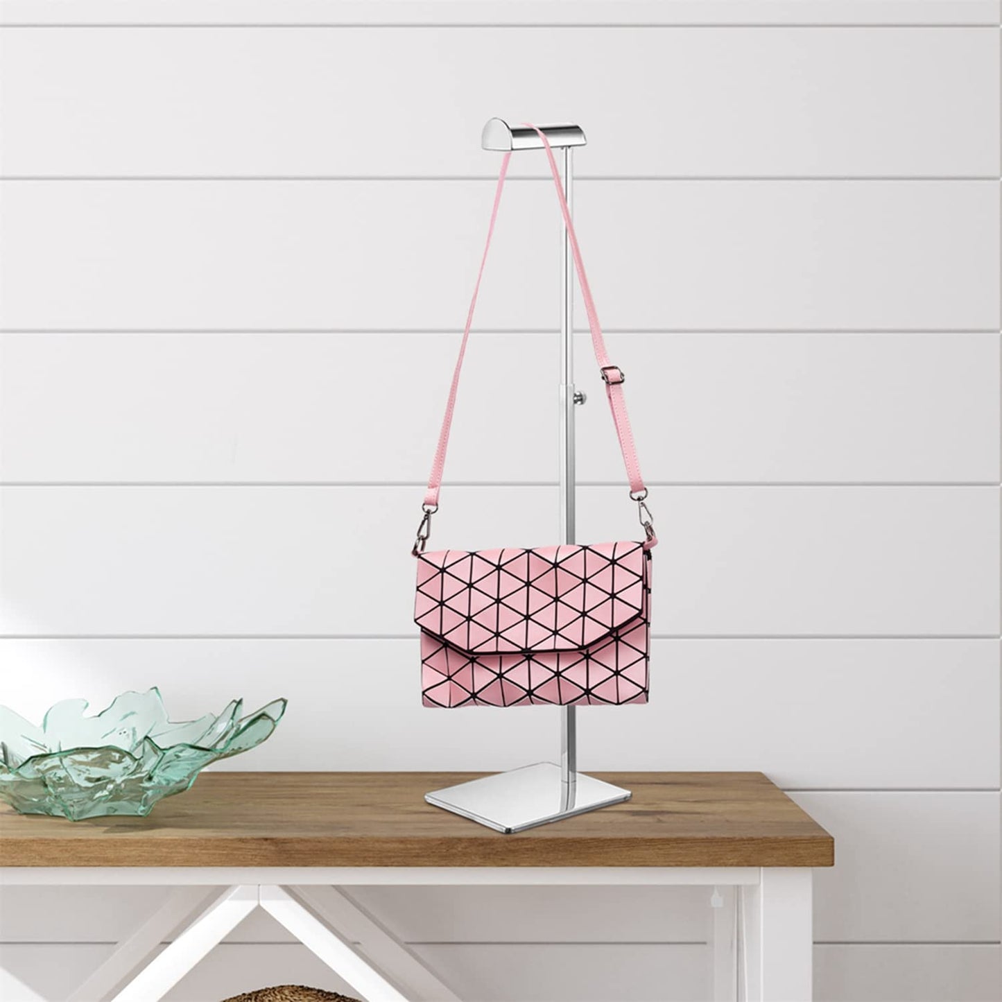 Elitnus Chrome Purse Display Stands - Set of 2 Adjustable Height Purse Display Stand - Metal Polished Silver Handbag Display Stand Set - Single Hanging Hook Bag Stand for Boutique Store