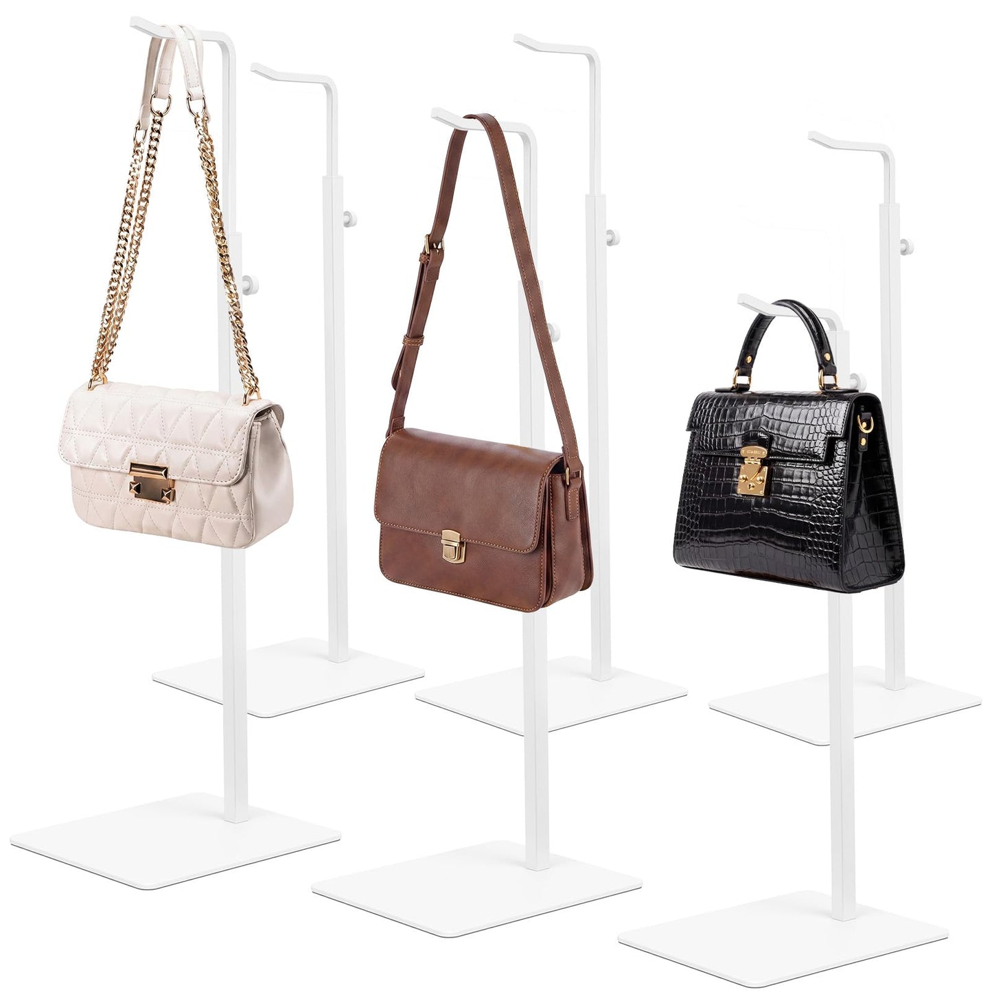 Ferrochef 6 Pack White Purse Stand Holder Handbag Display Stand Adjustable Stainless Steel Hanger Rack for Tabletop, Closet, Desk, and Retail Use for Vendors