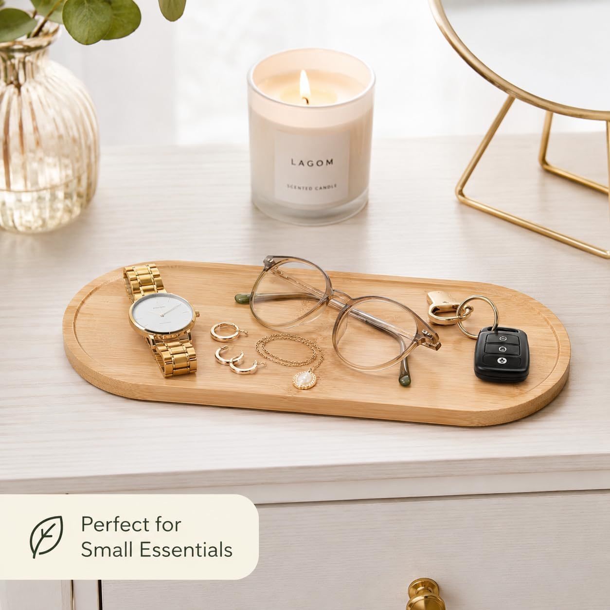 RVXHUA 3 PCS Bamboo Vanity Tray, 11 x 4 Inch Bamboo Serving Tray Set with Raised Rim, Small Wood Organizer Trays for Coffee, Snacks, Dessert, Bathroom Vanity, Kitchen Counter, Desk Decor - Oval