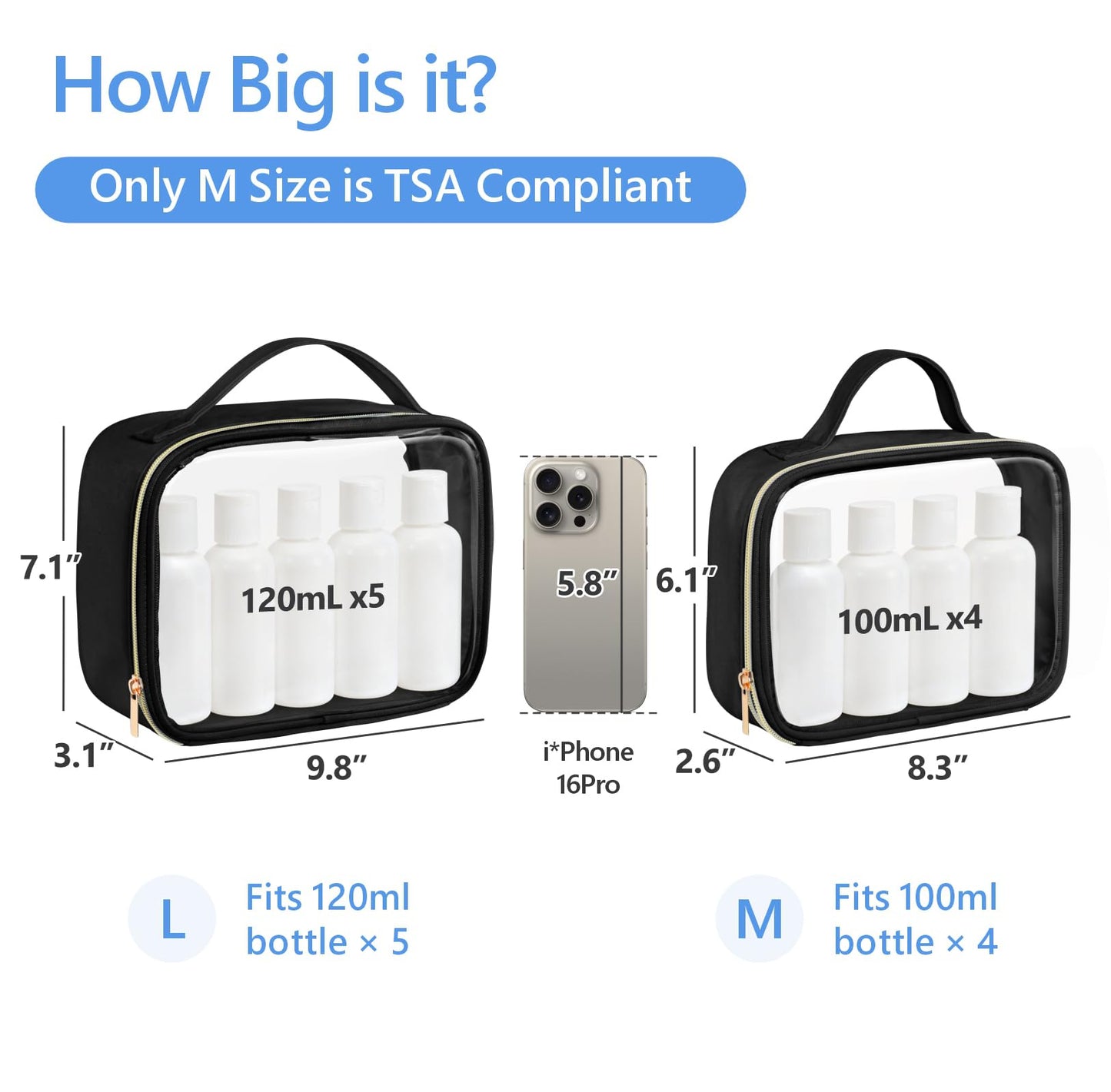 PACKISM Clear Makeup Bag Combo Pack, 1 TSA Approved Medium & Large for Checked Luggage, Clear Toiletry Bag with Handle, Water-resistant Travel Essentials Organizer, Black