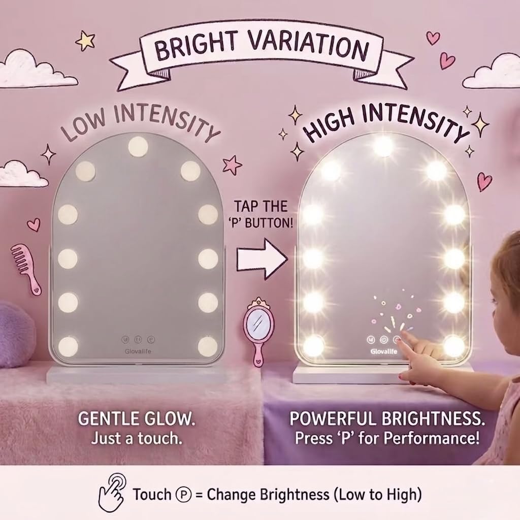 Glovalife, Arched Vanity Mirror with LED Lights, Hollywood Beauty Mirror, X15 Magnification, 11 Bulb, 360 Rotation, smart Touch Control 3 Colors Lighting, Table Desk Mirror, 12.6" x 17.3"