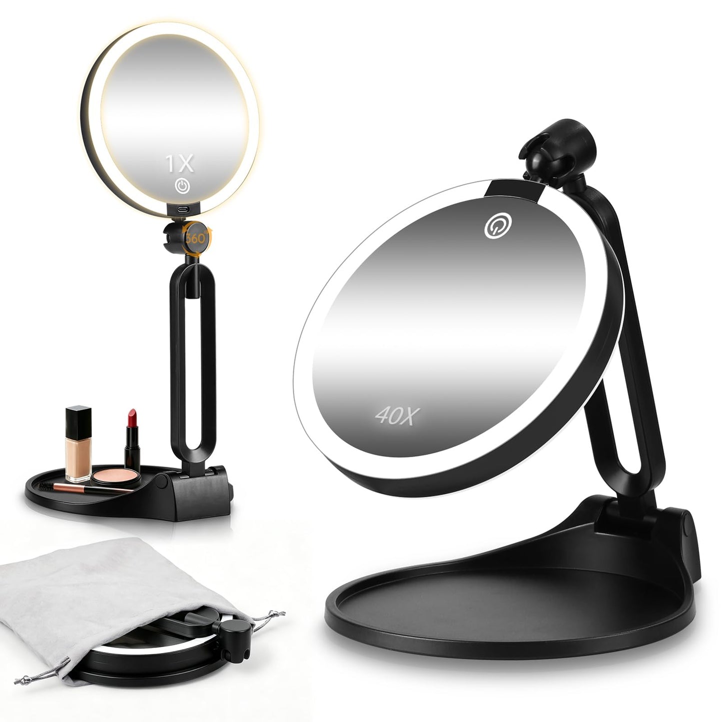 Travel Makeup Mirror with Lights,6" Portable Lighted Vanity Mirrors for Desk/Travel,1X+40X Double Sided Dimming LED Mirror with Adjustable Foldable Stand,Powerful Magnifying Only for Details Checking